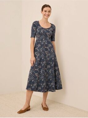 Pact Organic Cotton Fit Flare Scoop Dress Blue Floral LG